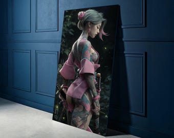 Elegant Samurai Woman Canvas, Tattoo Art Wall Decor, Pink Kimono Canvas, Modern Asian Warrior Canvas, Fantasy Character Art Print