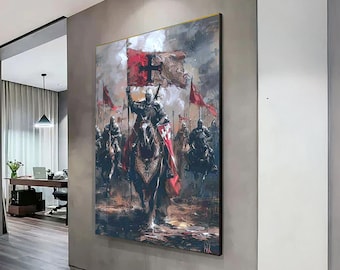 Medieval Knight Charge Canvas, Crusader Horseback Wall Art, Historical Battle Scene, Armor and Flag Canvas, Warrior Decor, Ready to Hang