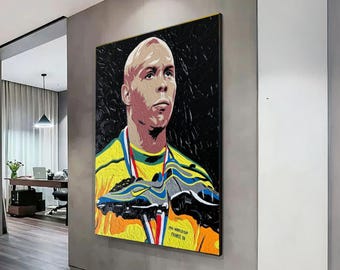 Legendary Soccer Icon Canvas Wall Art, Brazil Football Champion Painting, FIFA World Cup 98 Tribute, Sports Memorabilia Canvas, Athletic