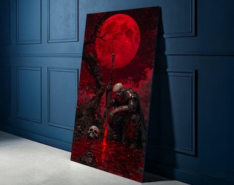 Dark Knight with Blood Moon Canvas, Gothic Warrior Art, Fantasy Skull and Sword Wall Decor, Red Moonlit Landscape, Dark Fantasy Canvas Print