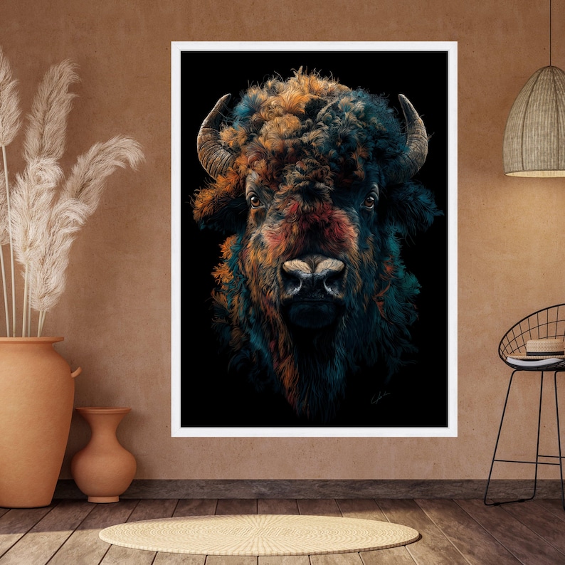 Vibrant Buffalo Portrait Canvas, Abstract Animal Wall Art, Colorful Bison Face, Wildlife Canvas Decoration, Modern Rustic Home Art image 4