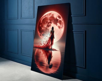 Enchanted Red Moon Canvas, Woman in Flowing Dress Wall Art, Mystical Night Scene Canvas, Fantasy Home Decor, Dramatic Reflection Artwork