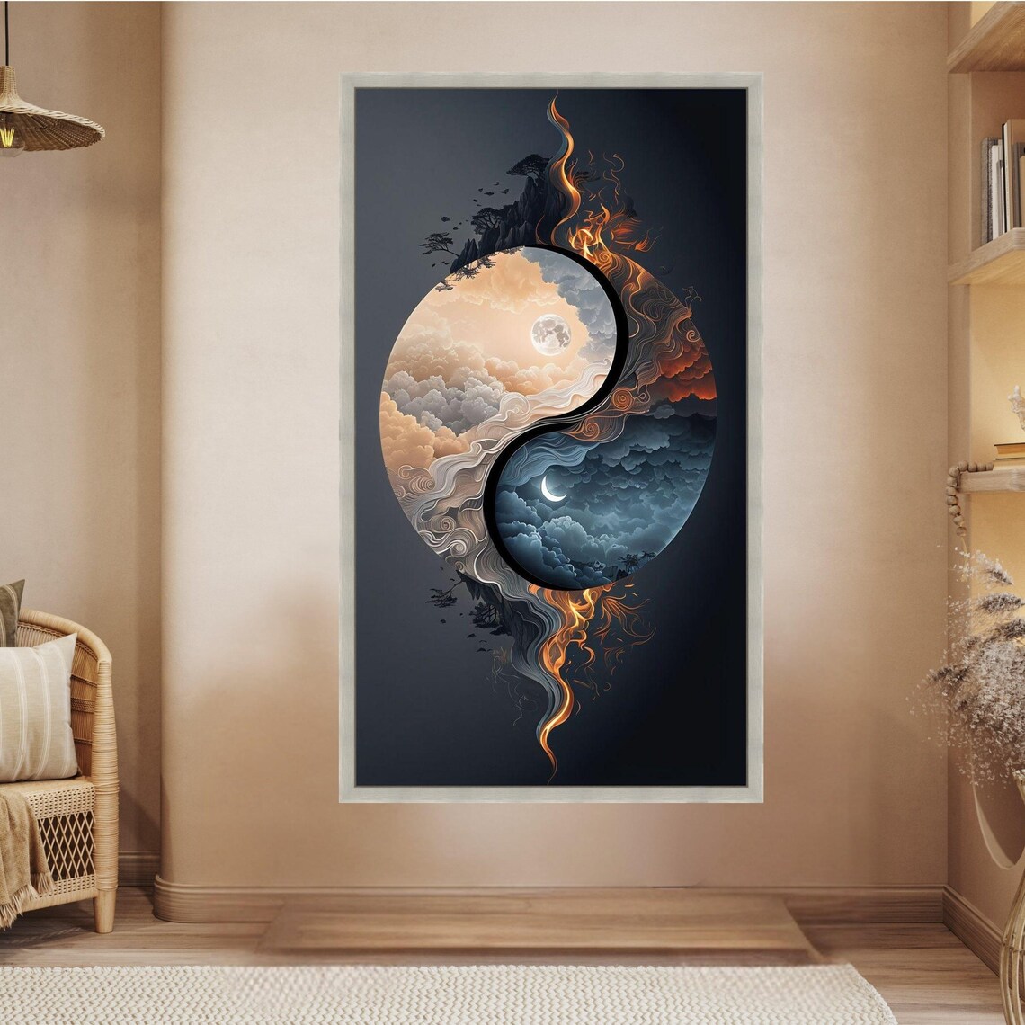 Yin Yang Fire and Water Canvas, Day and Night Sky Wall Art, Dual ...