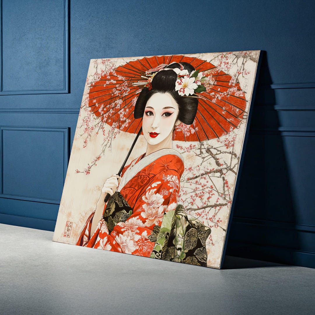 Elegant Geisha Woman With Red Umbrella Canvas, Japanese Art Print ...