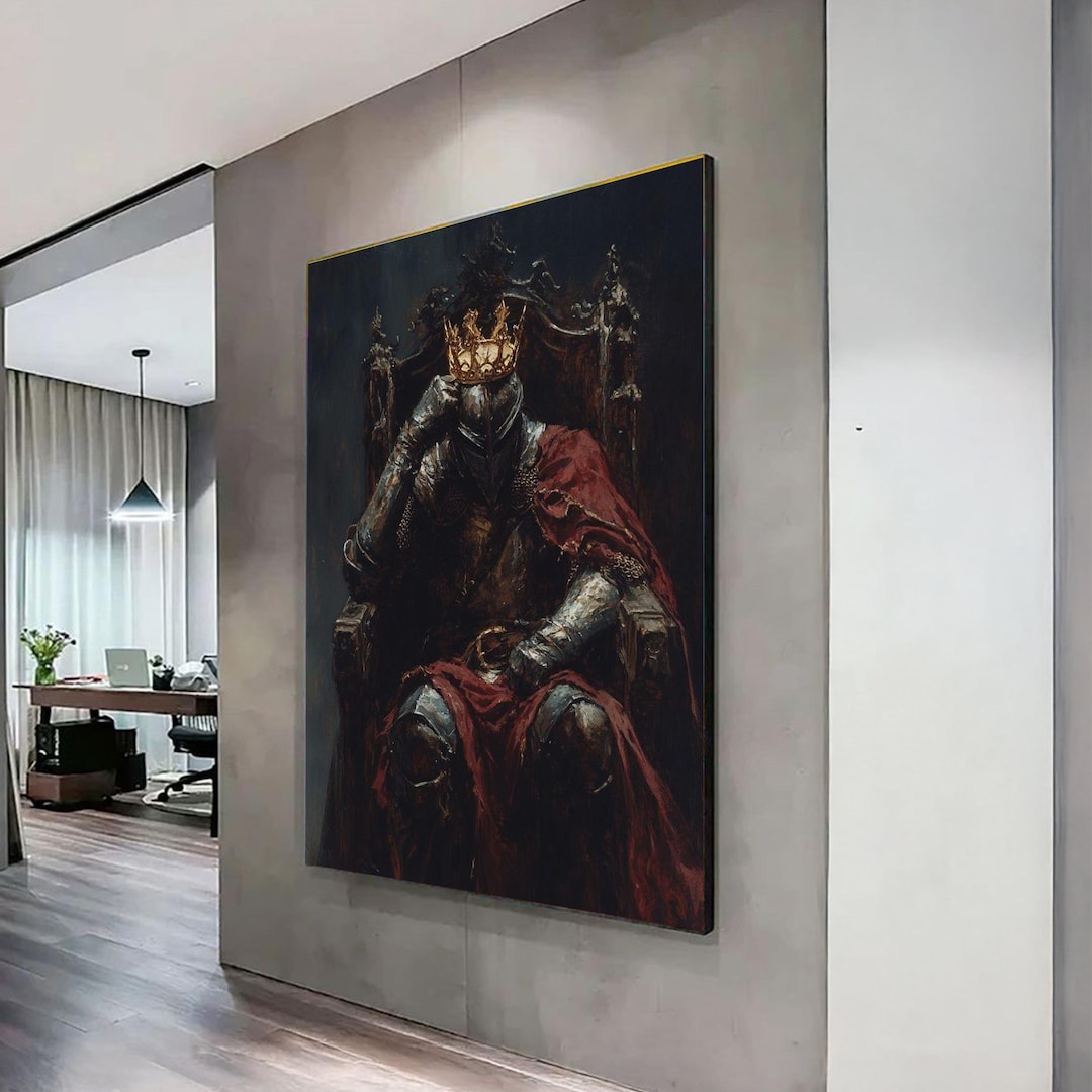 Knight Throne Medieval Knight on Throne Canvas Wall Art, Dark Royalty Painting ...