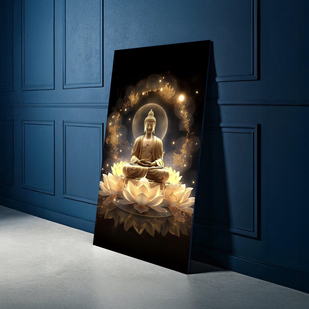 Golden Buddha Meditation Canvas, Spiritual Wall Art, Lotus Flower Decor ...