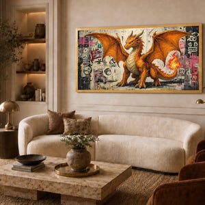 May include: A rectangular wall art piece featuring a vibrant orange dragon with spread wings and a flaming tail, set against a textured, graffiti-style background with mixed patterns and symbols, all enclosed within a thin, metallic gold frame.