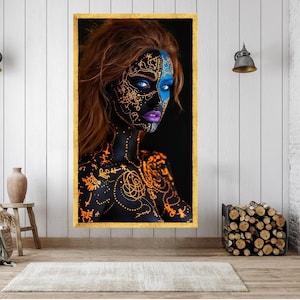 Neon Tribal Face Paint Canvas, Abstract Body Art Wall Decor, Blue and Orange Glow, Modern Artistic Portrait Canvas, Unique Home Decoration image 2