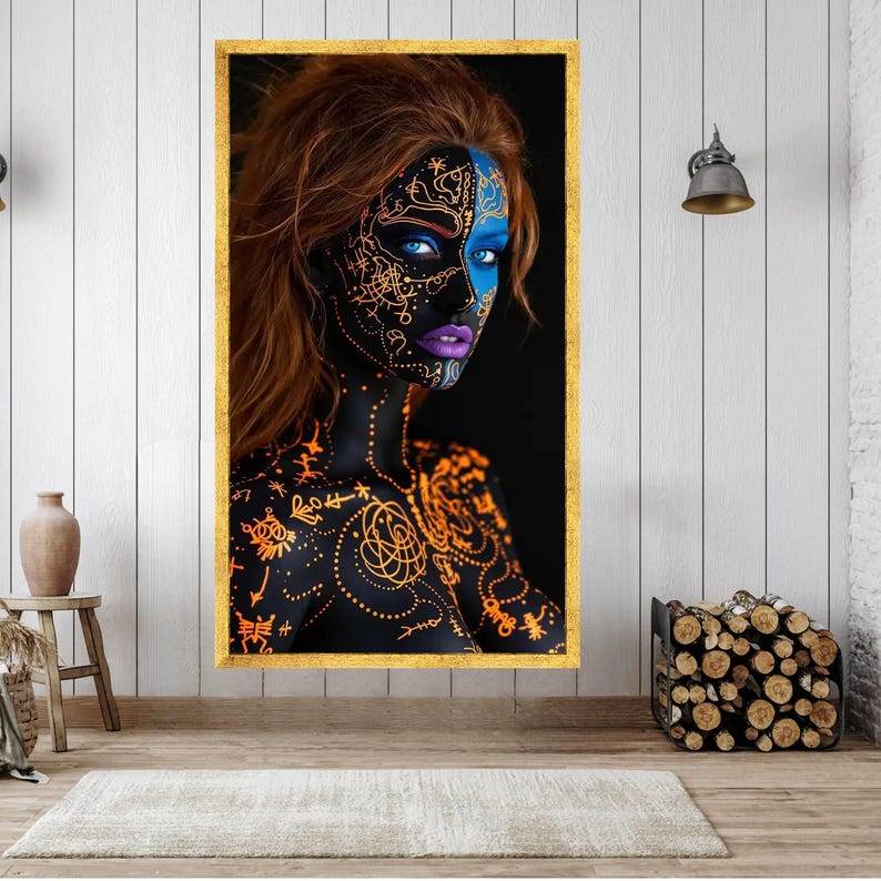 Neon Tribal Face Paint Canvas, Abstract Body Art Wall Decor, Blue and Orange Glow, Modern Artistic Portrait Canvas, Unique Home Decoration image 2