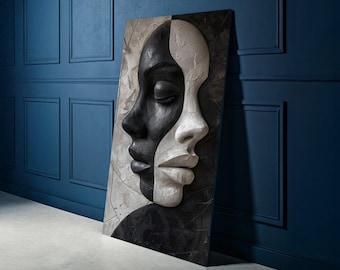 Dual Faces Abstract Canvas, Black and White Portrait Wall Art, Modern Face Sculpture Canvas, Home Decor, Contemporary Canvas Art