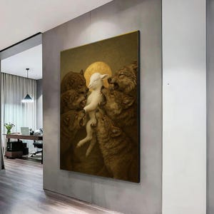 Lamb Among Wolves Canvas Wall Art, Contrast of Innocence and Danger, Spiritual Animal Art Print, Unique Home Decor, Ready to Hang Canvas