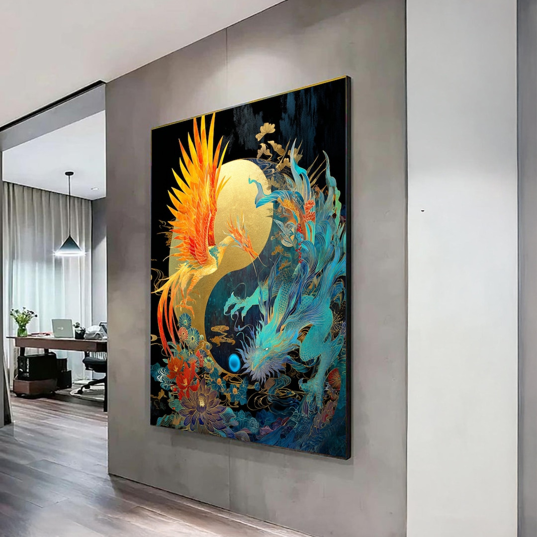 Vibrant Phoenix and Dragon Yin Yang Canvas, Asian Mythology Wall Art ...