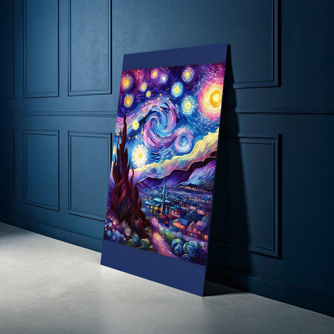 Starry Night Style Canvas Wall Art, Vibrant Night Sky Painting ...