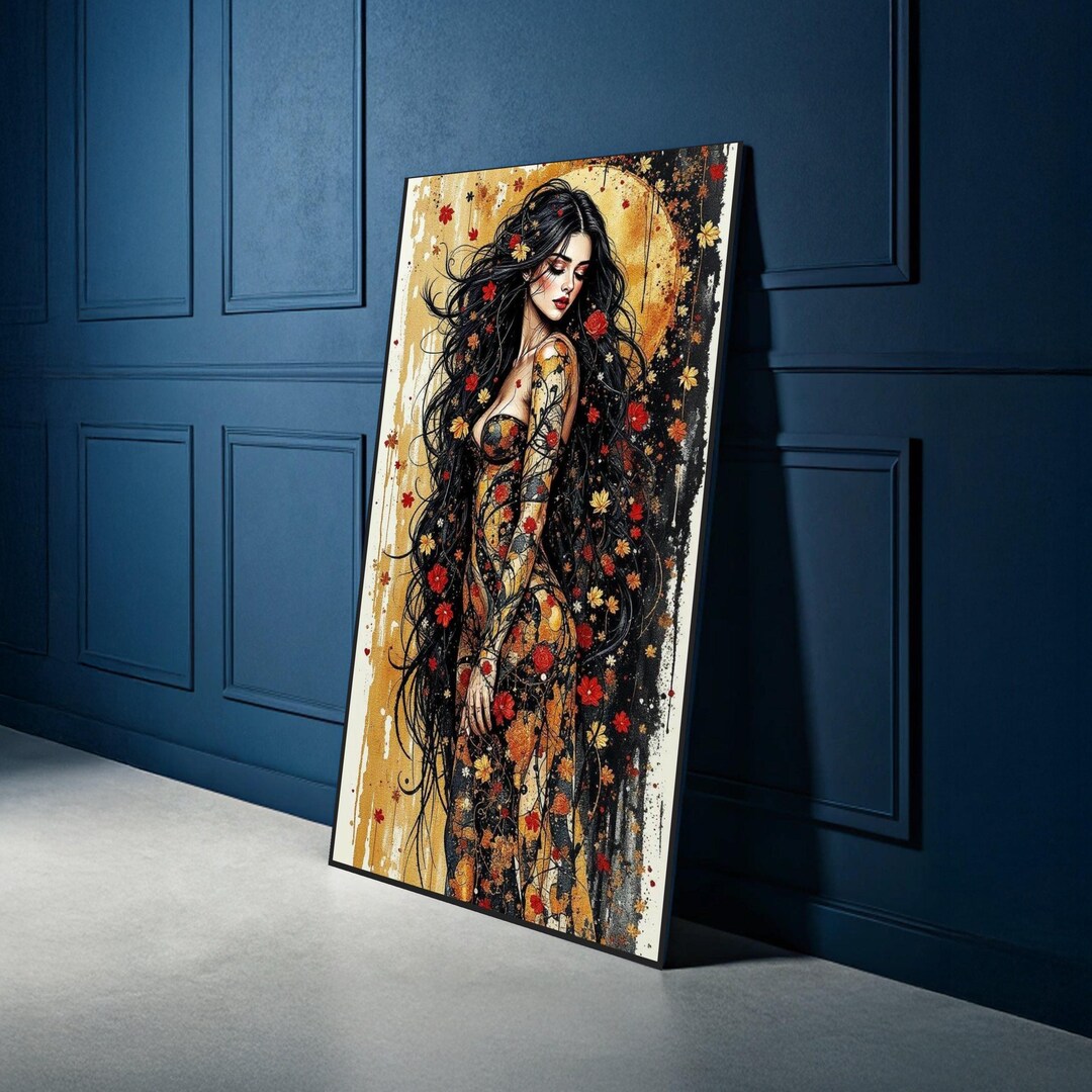 Gustav Klimt Golden Floral Woman Canvas Painting – Elegant Art Nouveau ...