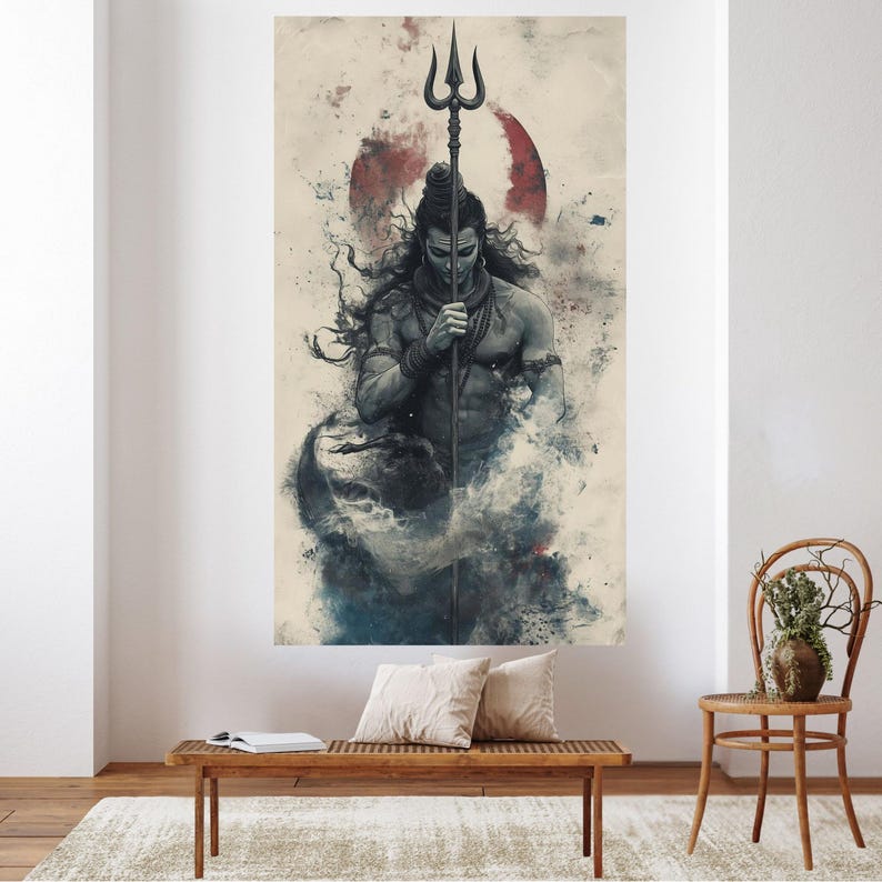 Lord Shiva Canvas Wall Art, Trishul Spiritual Painting, Hindu God Decor ...