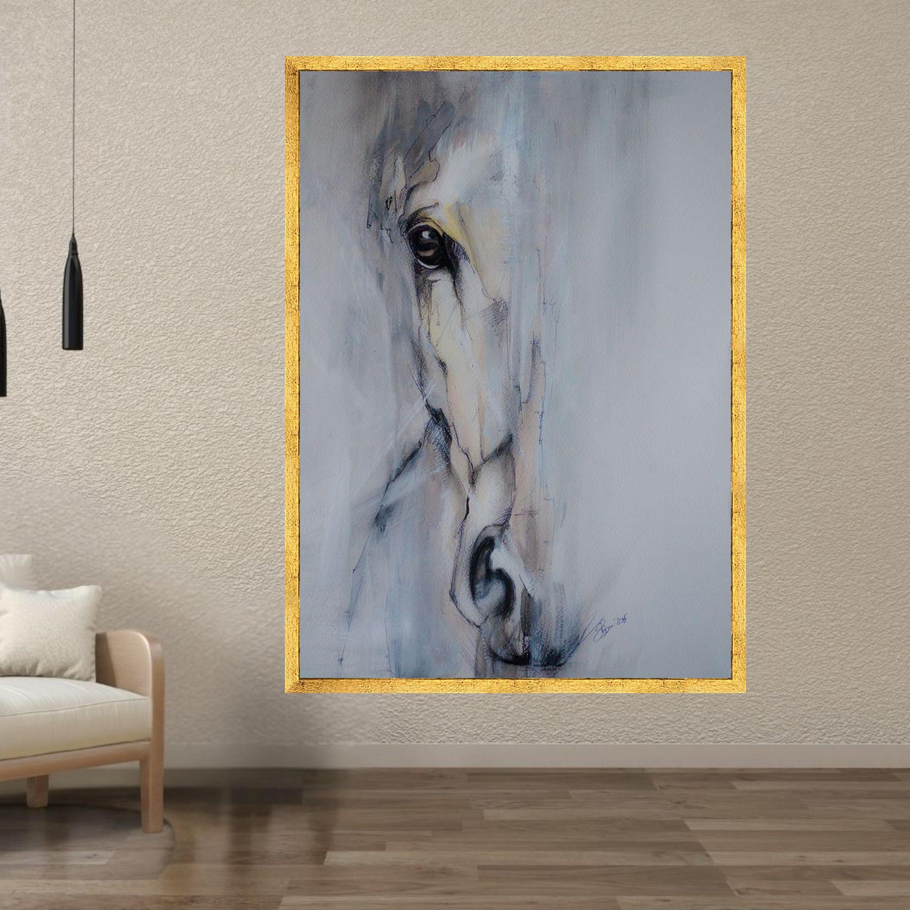 Abstract White Horse Portrait Canvas, Minimalist Animal Wall Art ...