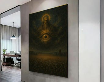 Mystieke goddelijke figuur met alziend oog canvas, surrealistische spirituele muurkunst, donkere atmosferische canvas, symbolisch religieus interieur decor