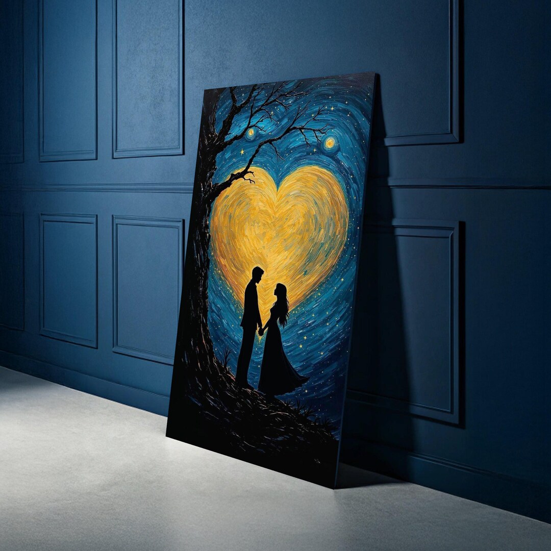 Romantic Couple Silhouette Holding Hands, Heart Shaped Moon Canvas ...