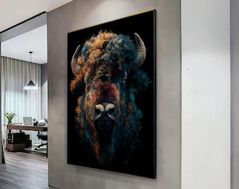 Levendige buffelportret canvas, abstracte dieren muurkunst, kleurrijk gezicht bizon, wildlife canvas decoratie, moderne rustieke huiskunst