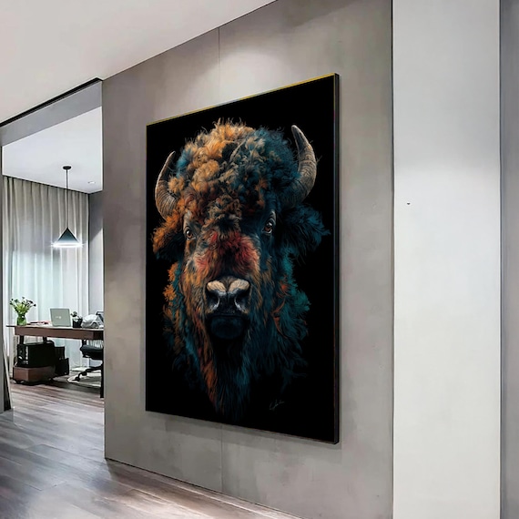Vibrant Buffalo Portrait Canvas, Abstract Animal Wall Art, Colorful Bison Face, Wildlife Canvas Decoration, Modern Rustic Home Art