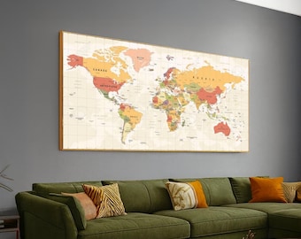 Vintage World Map Canvas Wall Art, Educational Geography Wall Decor, Colorful Political Map Canvas, Home Office Study Decoration