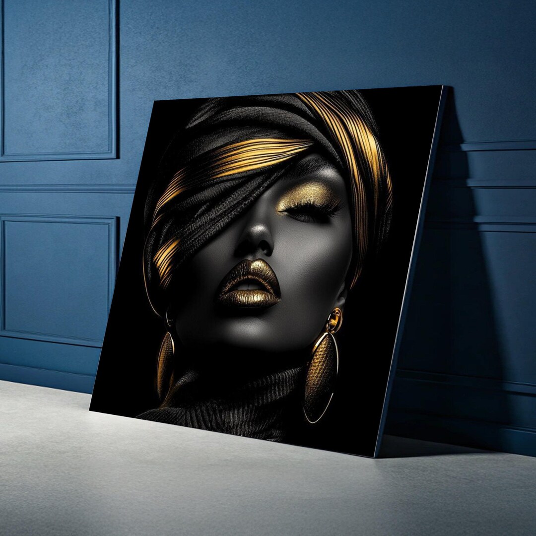 Glamorous Black and Gold Portrait Canvas, Modern African Woman Wall Art ...