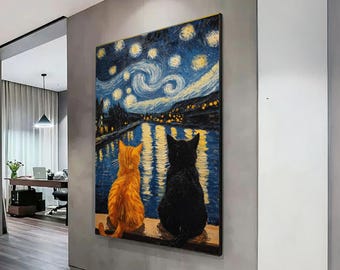 Starry Night with Cats, Van Gogh Inspired Canvas, Night Sky Wall Art, Starry River Scene, Whimsical Animal Decor, Cat Lovers Canvas Art