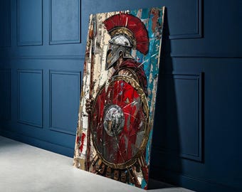 Fierce Roman Gladiator Canvas, Warrior Wall Art, Ancient Soldier Painting, Red Shield Helmet, Historical Home Decor