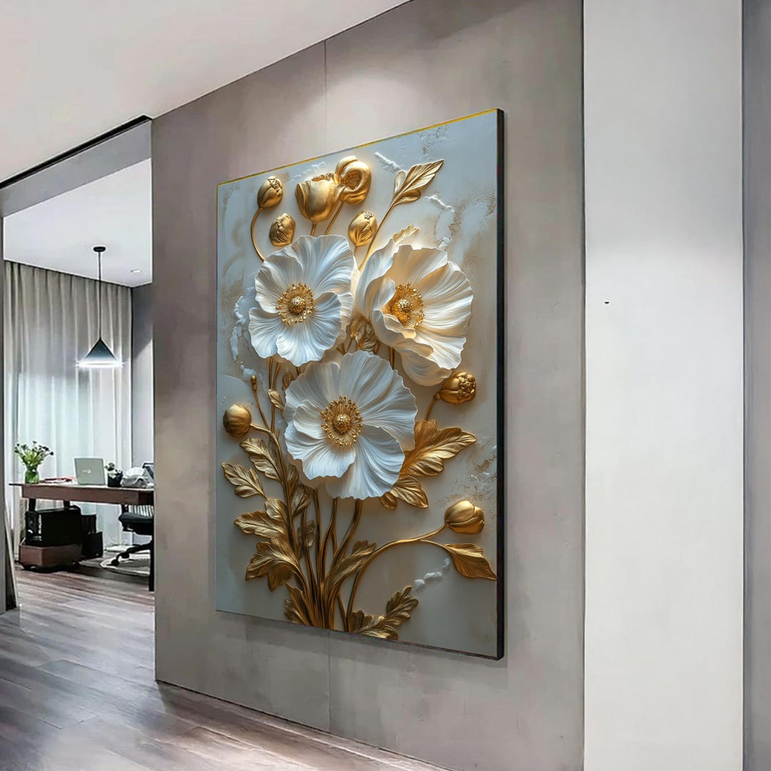 White and Gold Poppy Canvas Wall Art, Floral Sculpture Design - Etsy