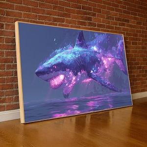 Neon Glowing Shark Canvas, Vibrant Marine Life Art, Abstract Ocean Predator Wall Art, Blue and Purple Sea Creature Canvas Decor
