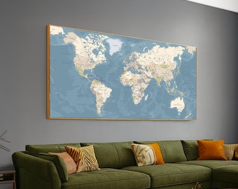 Vintage World Map Canvas Wall Art, Global Geography Print, Travel Home Decoration, Educational Wall Hanging, Ready to Hang Canvas