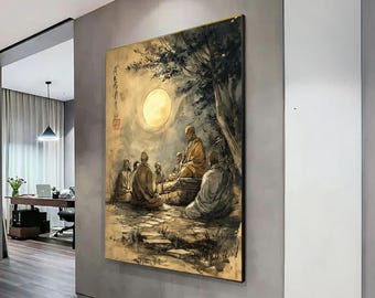 Buddha Moonlight Canvas Print, Meditation Monks, Zen Decor