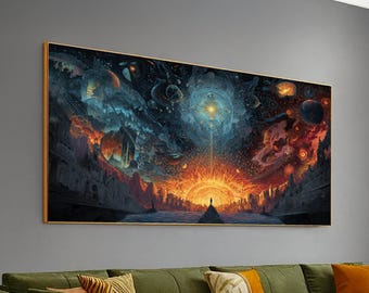 Cosmic Sunrise Canvas Wall Art, Surreal Space Landscape, Fantasy Cityscape Painting, Sci-Fi Wall Decoration, Mystical Universe Canvas