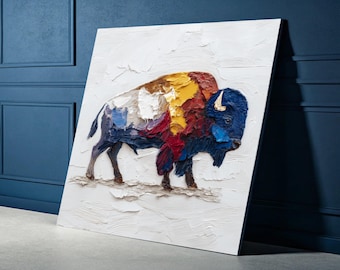 Kleurrijke bizon schilderij canvas, kunst aan de muur dieren in het wild, modern dier decor, abstract buffel canvas, klaar om op te hangen kunstwerk