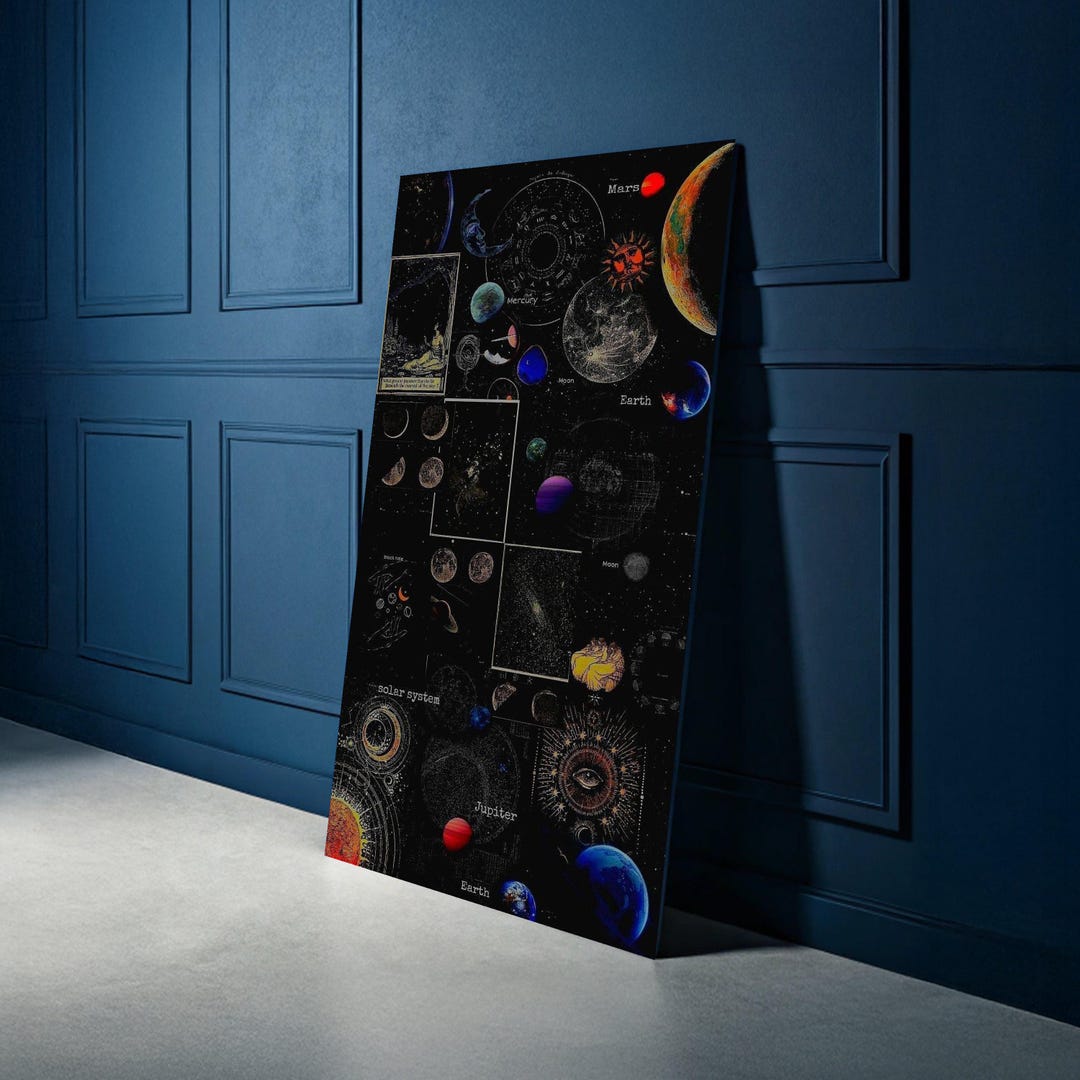 Vintage Solar System Chart Canvas, Astronomy Wall Art, Planet and Moon ...