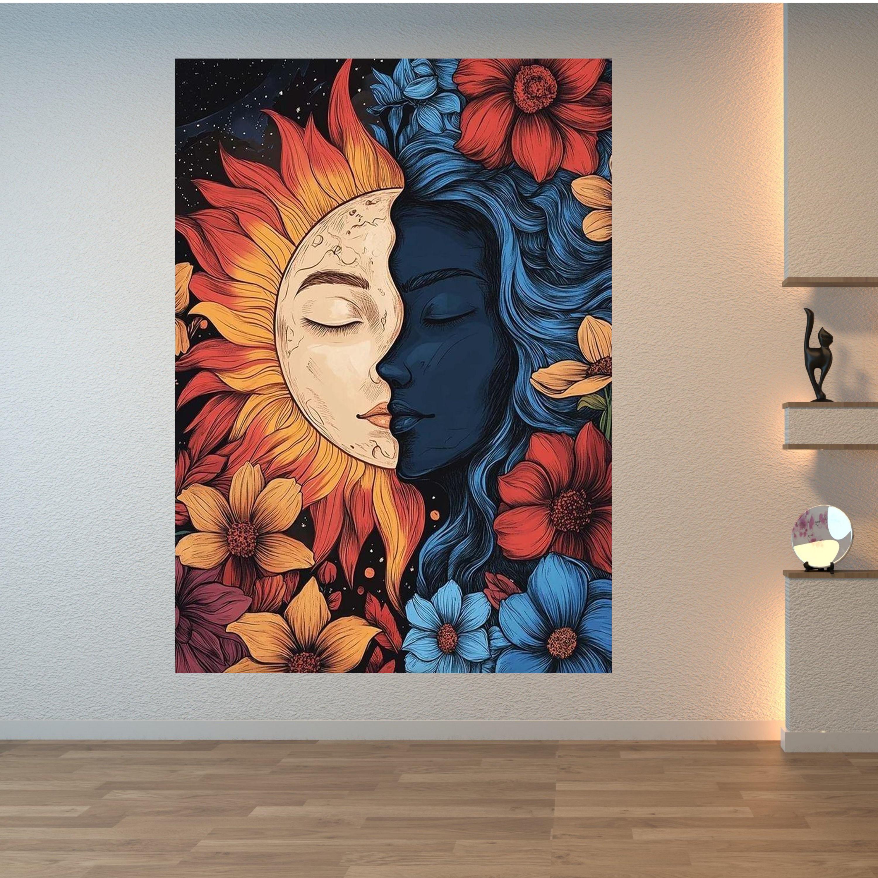 Sun and Moon Faces Canvas Wall Art, Duality Floral Design, Celestial ...