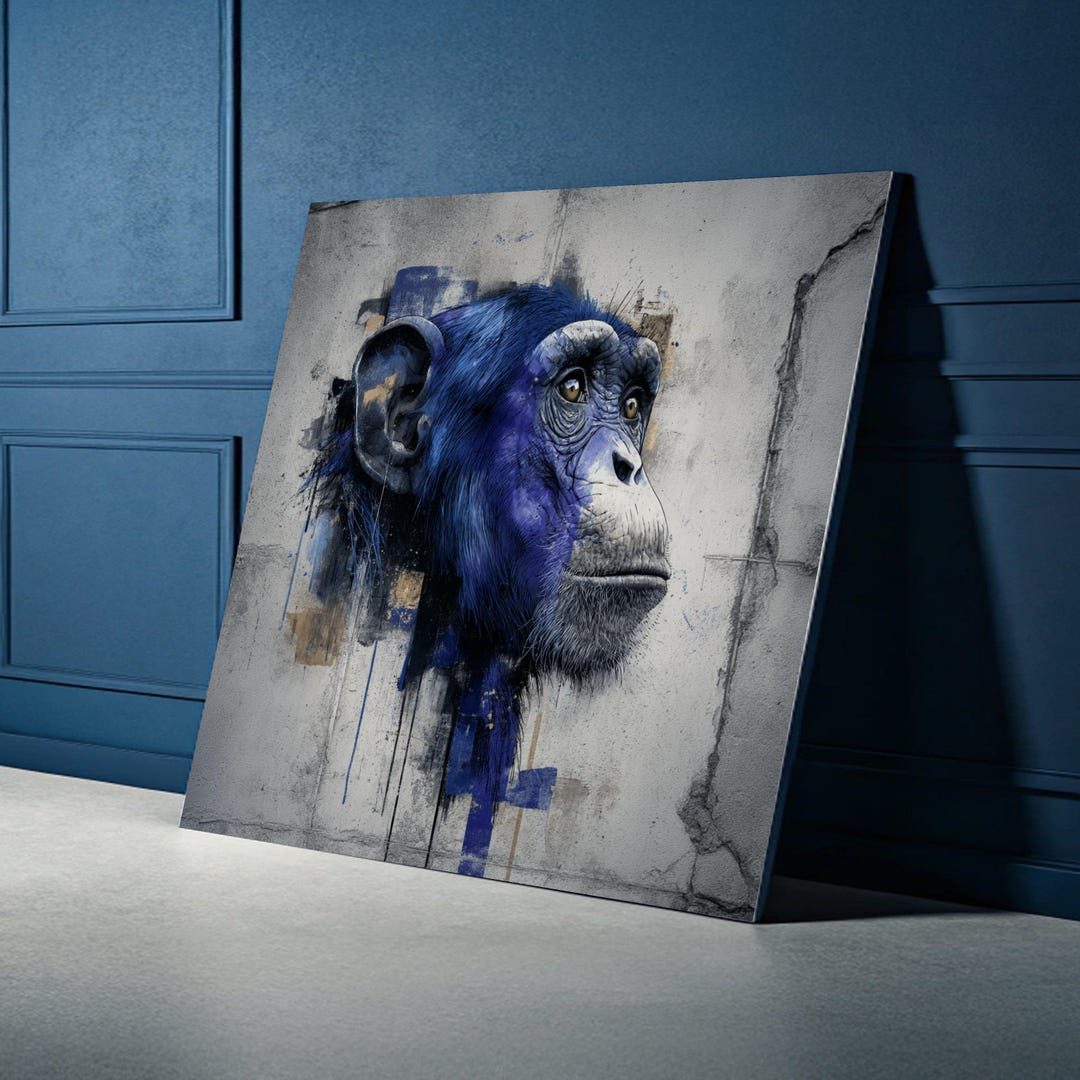 Blue Chimpanzee Portrait Canvas, Abstract Primate Wall Art, Modern ...