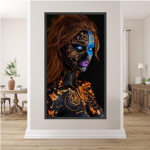 Neon Tribal Face Paint Canvas, Abstract Body Art Wall Decor, Blue and Orange Glow, Modern Artistic Portrait Canvas, Unique Home Decoration image 3