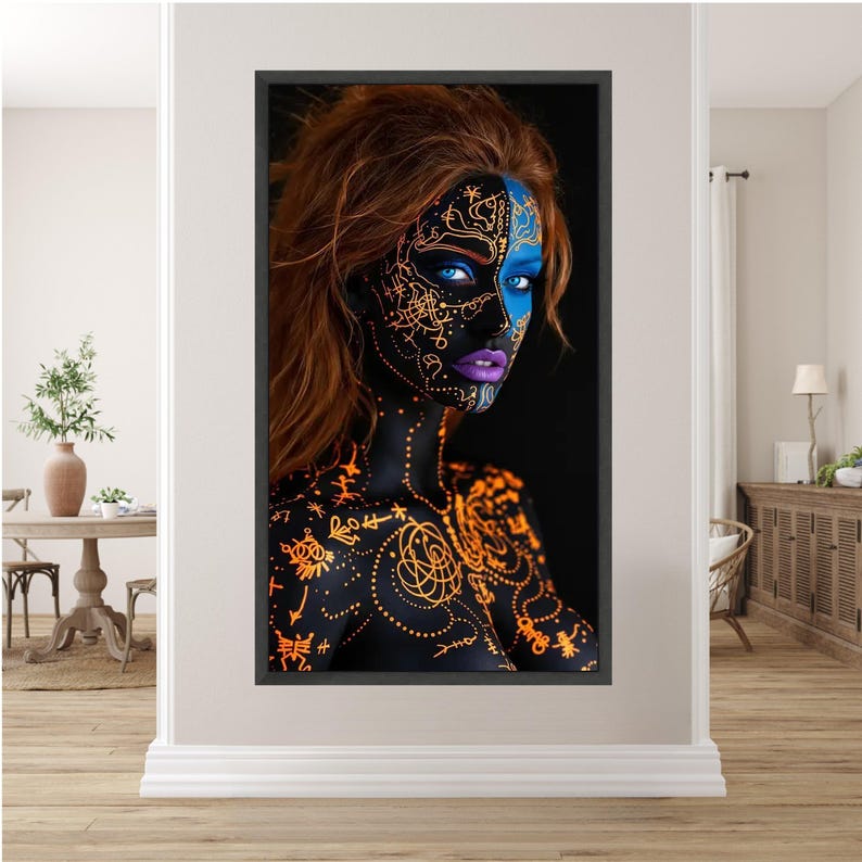 Neon Tribal Face Paint Canvas, Abstract Body Art Wall Decor, Blue and Orange Glow, Modern Artistic Portrait Canvas, Unique Home Decoration image 3