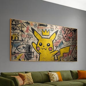Lienzo decorativo abstracto de Pikachu estilo grafiti, estilo urbano, lienzo contemporáneo de dibujos animados de la cultura pop, decoración colorida para la habitación de los niños