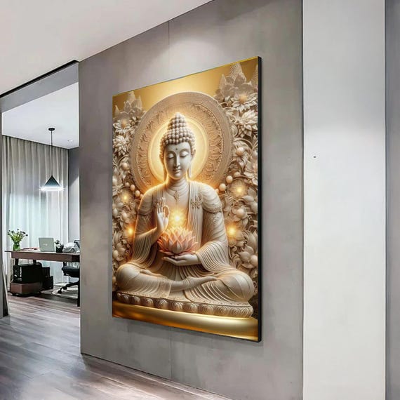 Golden Buddha Meditation Canvas, Spiritual Wall Art, Zen Lotus Flower Decor, Tranquil Buddha Statue Artwork, Mindfulness Home Decoration