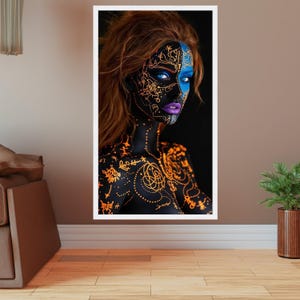 Neon Tribal Face Paint Canvas, Abstract Body Art Wall Decor, Blue and Orange Glow, Modern Artistic Portrait Canvas, Unique Home Decoration image 5