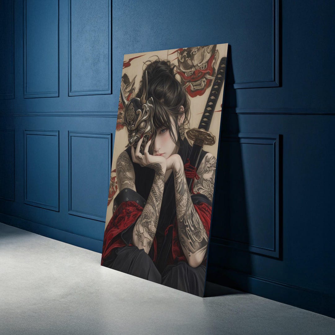 Intriguing Samurai Woman With Tattoo Sleeves, Oni Mask Canvas Art ...