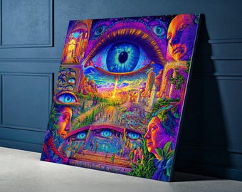 Surreale Visionäre Auge Leinwand Wandkunst, Psychedelische Landschaft mit Gesichtern und Augen, Bunte abstrakte Fantasy Szene, moderne Innendekoration