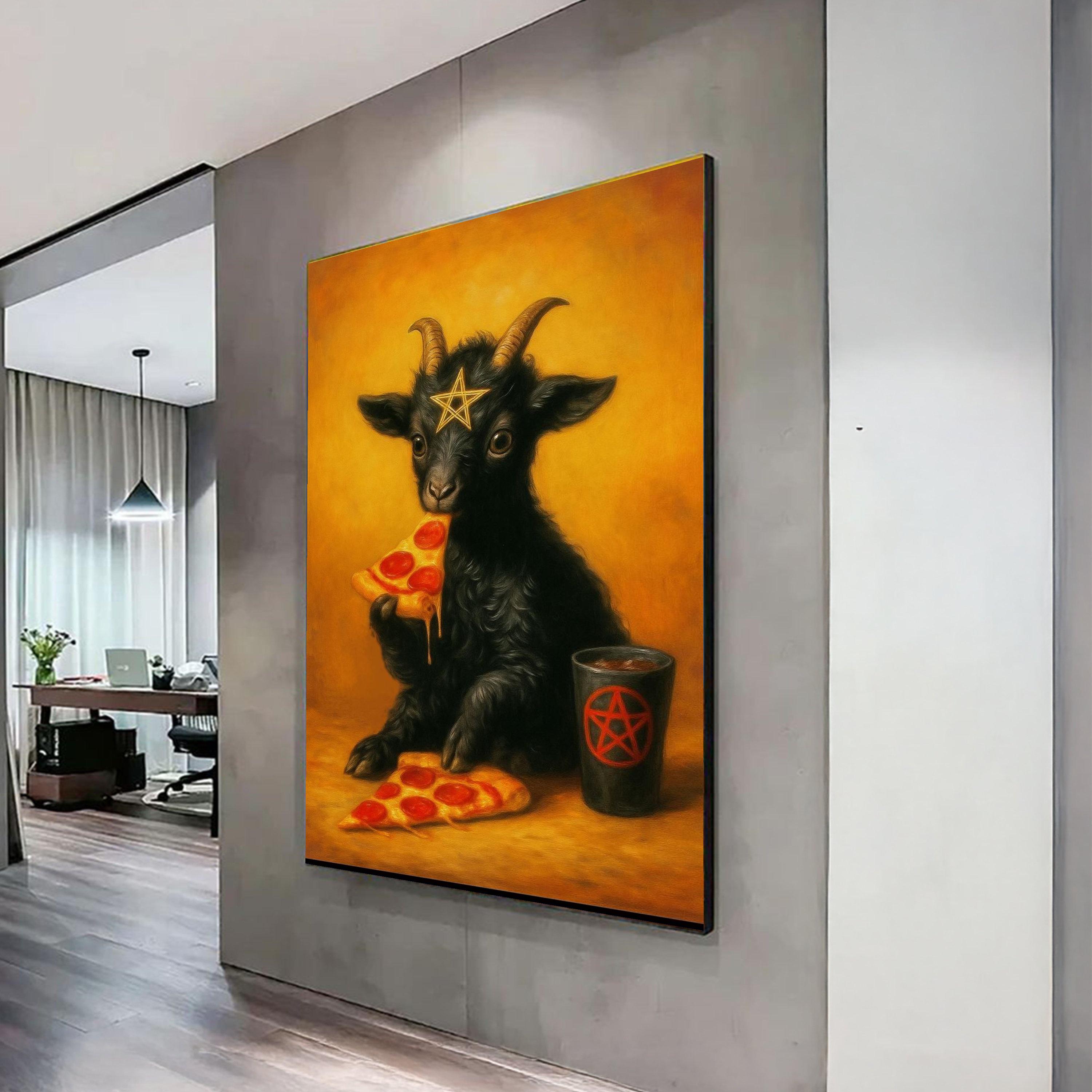 RUST IN PEACE【L】BLACK G.O.A.T Cute Black Goat Eating Pizza Canvas, Whimsical Animal Wall Art