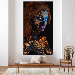 Neon Tribal Face Paint Canvas, Abstract Body Art Wall Decor, Blue and Orange Glow, Modern Artistic Portrait Canvas, Unique Home Decoration image 6