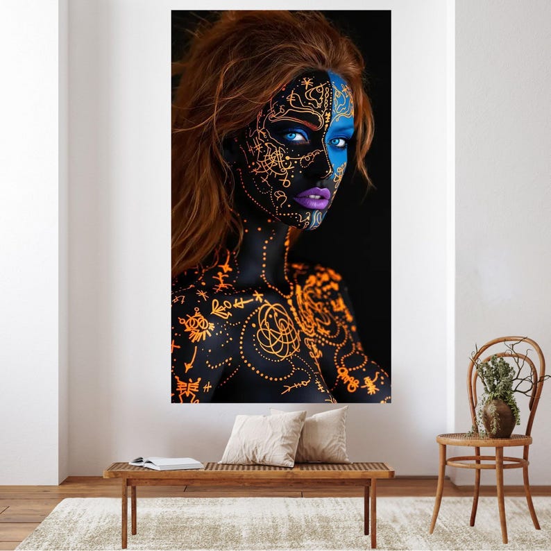 Neon Tribal Face Paint Canvas, Abstract Body Art Wall Decor, Blue and Orange Glow, Modern Artistic Portrait Canvas, Unique Home Decoration image 6