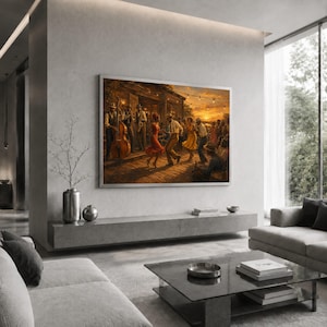 May include: A large rectangular framed wall art print depicting a lively outdoor jazz scene at sunset. The painting shows musicians playing instruments and people dancing on a wooden deck under string lights, with warm golden hues throughout.