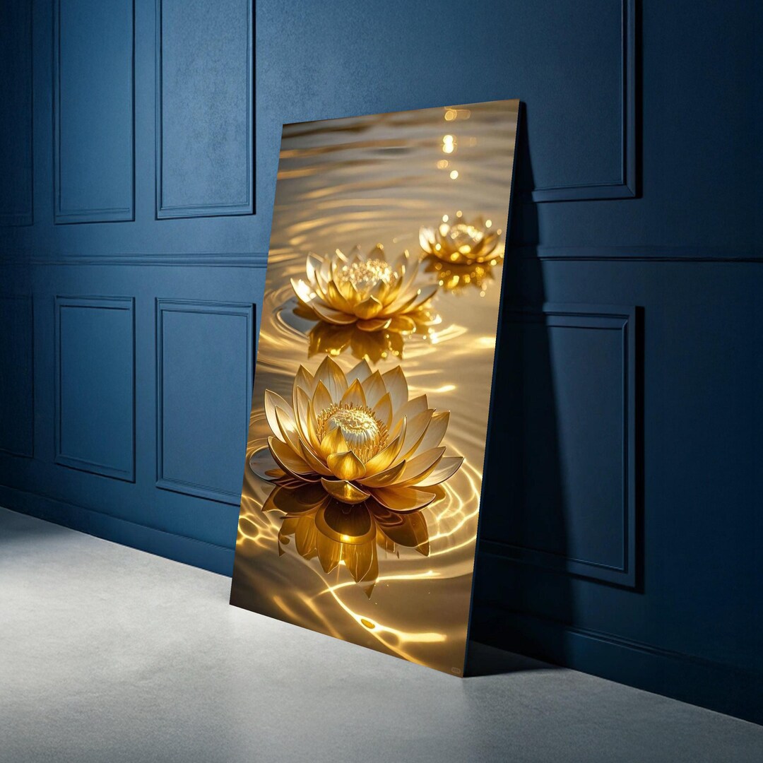 Golden Lotus Flowers Canvas Wall Art, Reflective Water Garden Decor ...
