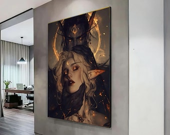 ダークファンタジーエルフカップルキャンバスウォールアート、神秘的な肖像画、魔法の光る装飾、ゴシックエルフのイラスト、魅惑的なホームデコレーション